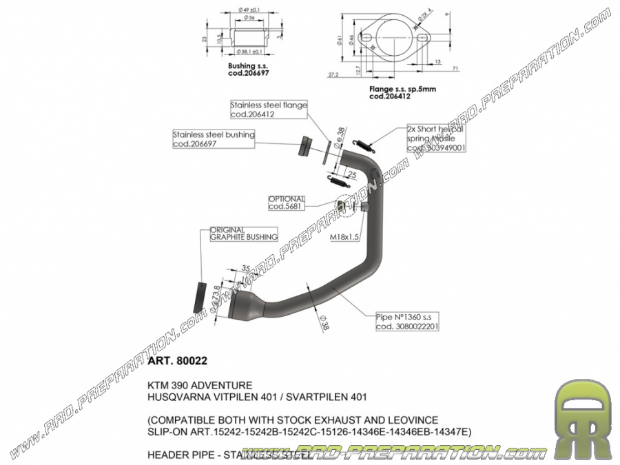 LEOVINCE manifold for LEOVINCE or ORIGINE silencer on KTM 390 ADVENTURE from 2020 to 2021