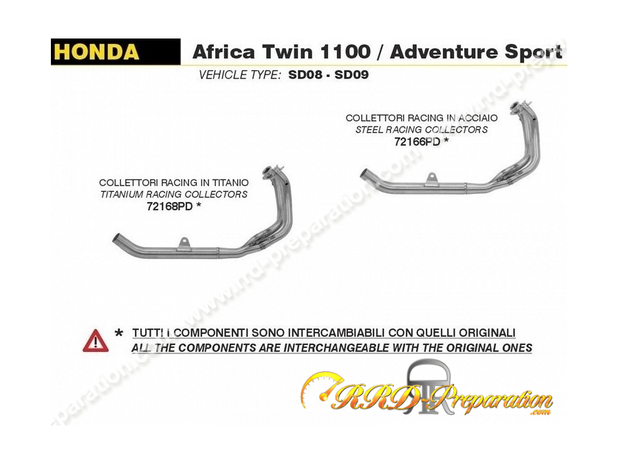 Collecteur ARROW RACING pour silencieux ARROW ou ORIGINE sur HONDA CRF 1100 L Africa Twin de 2020 à 2022