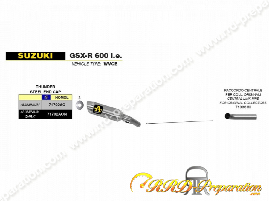 Silencieux d'échappement AVEC raccord ARROW THUNDER pour SUZUKI GSX-R 600 i.e et GSX-R 750 i.e de 2006/2007