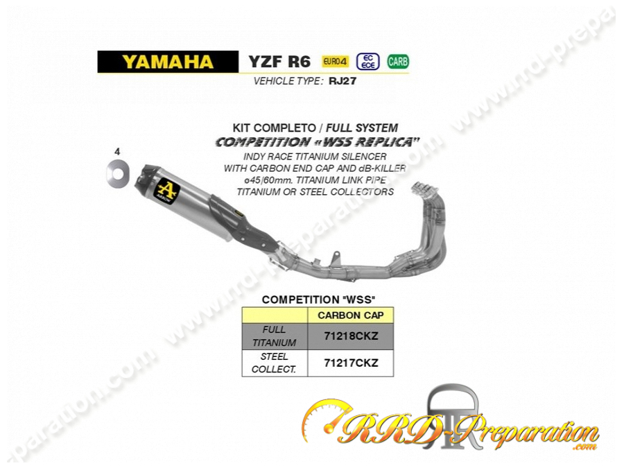 Ligne d'échappement complète ARROW COMPETITION WSS REPLICA pour YAMAHA YZF 600 R6 de 2017 à 2021