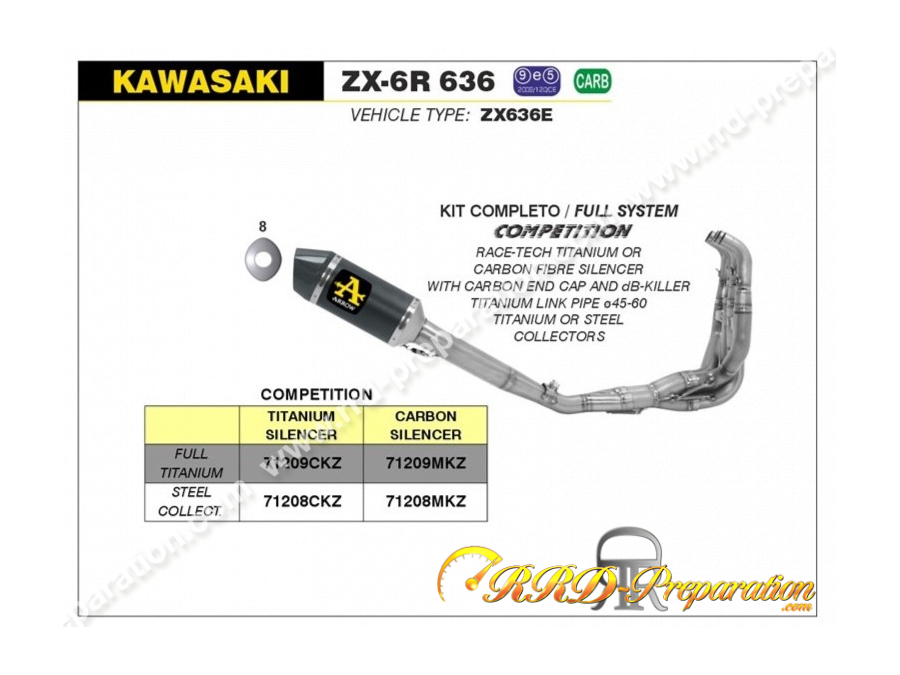 Ligne d'échappement complète COMPETITION ARROW pour KAWASAKI ZX-6R de 2009 à 2016 et ZX-6R 636 de 2013 à 2020