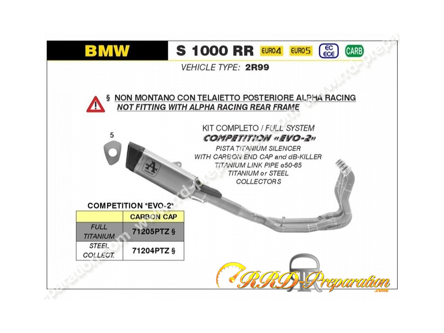 Ligne d'échappement complète ARROW COMPETITION EVO-2 pour moto BMW S 1000 RR de 2019 à 2022