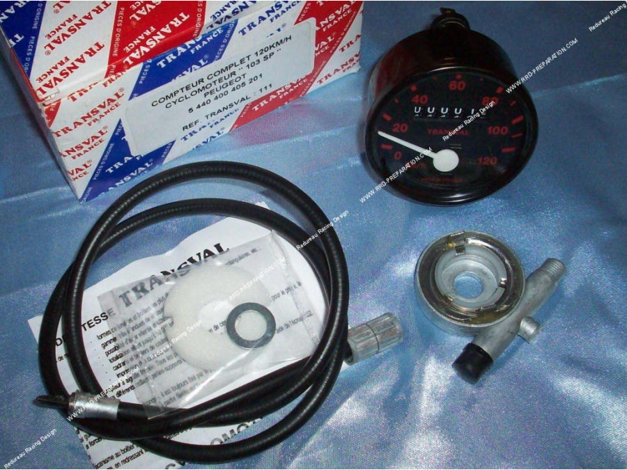 Round speedometer complete with cable and trainer 120 km/h TRANSVAL for moped, mob Peugeot 103 SP