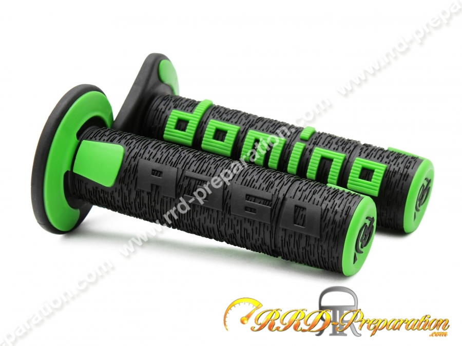 Poignées de guidon, revêtement côtés fermés, gros anneau bi-colore DOMINO A360 Noir / Vert Poignées de guidon, revêtement côtés fermés, gros anneau bi-colore DOMINO A360 Noir / Vert