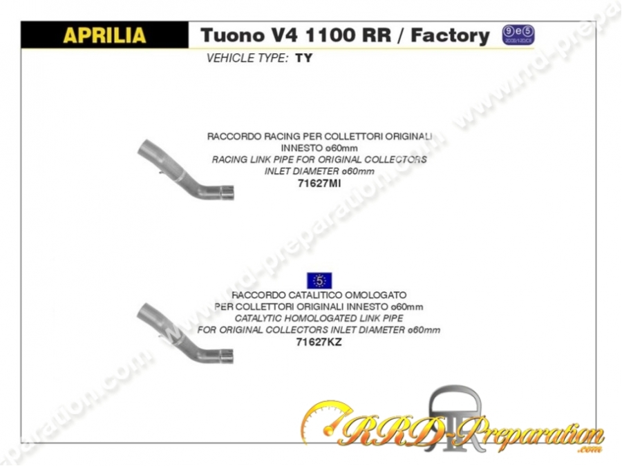 Raccord ARROW pour silencieux RACE-TECH pour collecteur d'origine sur APRILIA TUONO V4 1100 et RSV 4 RR/ RF de 2015 à 2016