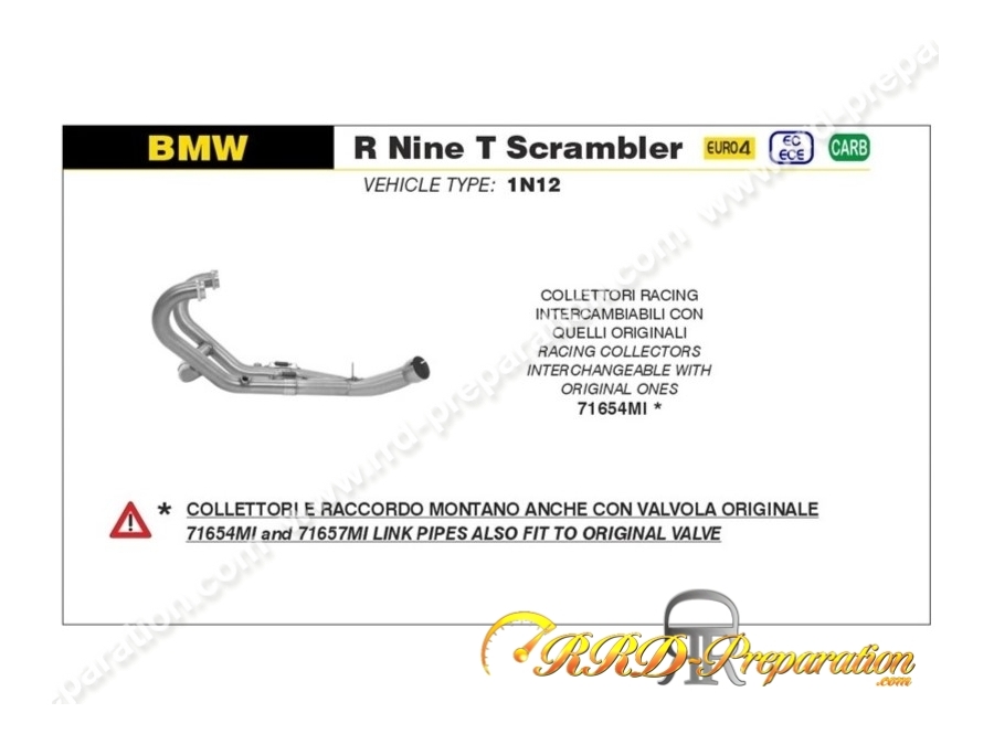 Collecteur d'échappement ARROW Racing non catalysé pour moto BMW R NINE T de 2014 à 2016 et SCRAMBLER de 2016 à 2019