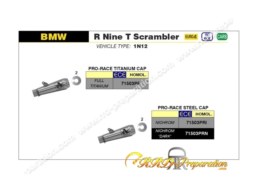 Silencieux d'échappement ARROW PRO-RACE pour BMW R Nine T de 2014 à 2016 et R Nine T Scrambler de 2016 à 2019