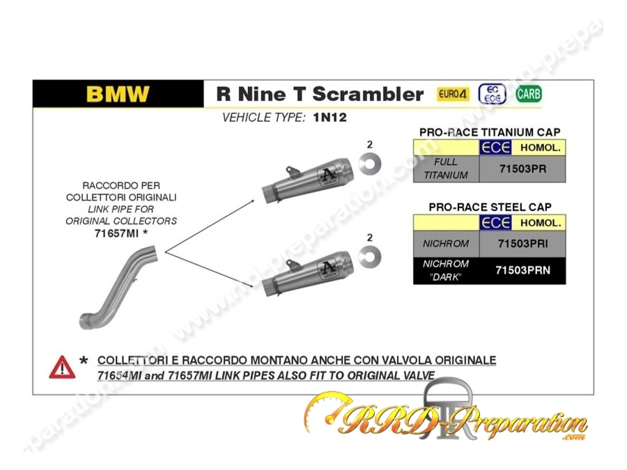 Kit silencieux d'échappement avec raccord ARROW PRO-RACE pour BMW R Nine T Scrambler de 2016 à 2019