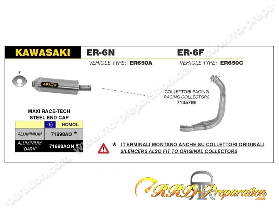 Ligne d'échappement complète ARROW MAXI RACE-TECH pour Kawasaki ER-6N - ER-6F et VERSYS 650 de 2005 à 2016