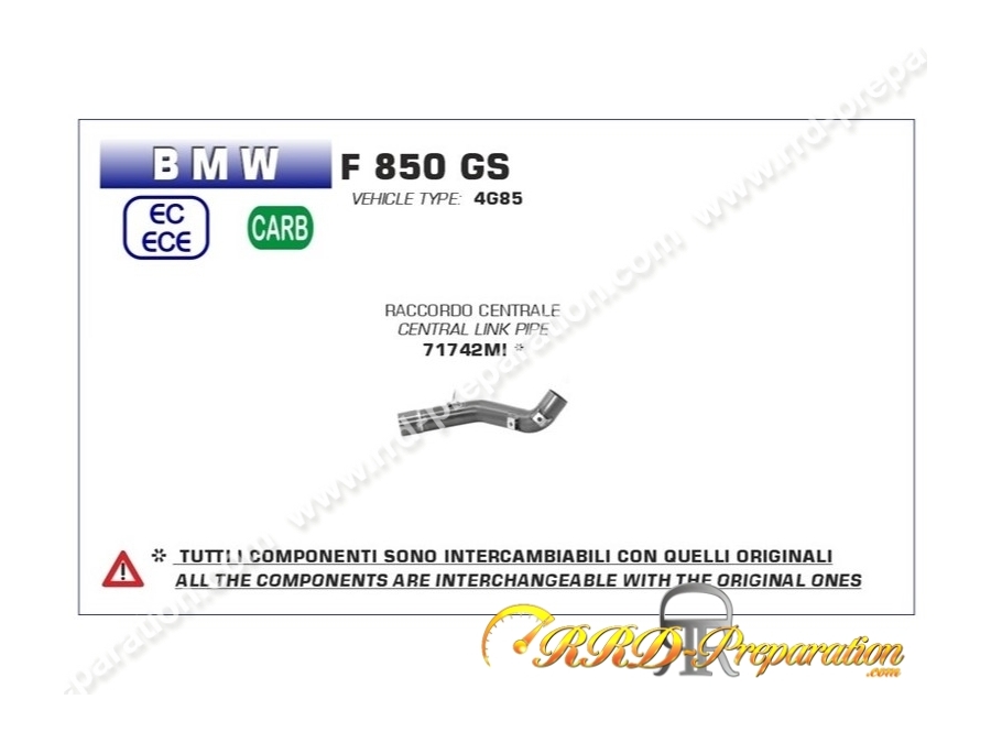 Raccord racing ARROW pour silencieux MAXI RACE-TECH pour collecteur d'origine ou ARROW sur BMW F 850 GS de 2018 à 2020