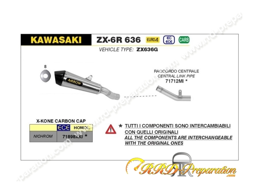 Kit silencieux d'échappement avec raccord ARROW X-Kone pour collecteur origine ou ARROW pour KAWASAKI ZX-6R 636 de 2019 à 2020