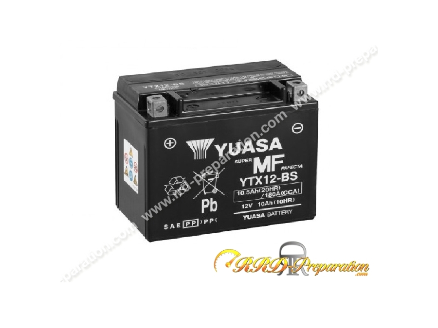 Batterie YUASA YTX12-BS 12v 10Ah (sans entretien) pour moto, mécaboite, scooters...