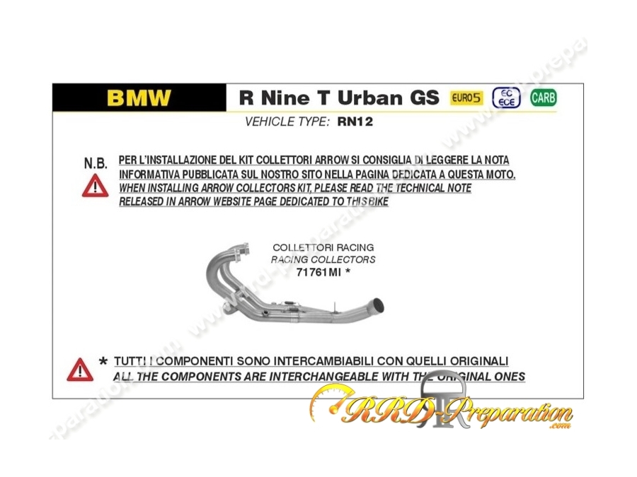 Collecteur d'échappement ARROW Racing pour BMW R NINE T URBAN GS de 2021 à 2023