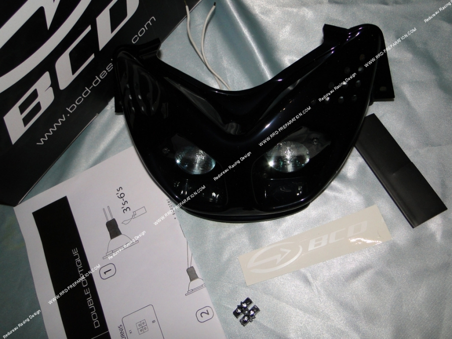 Máscara frontal BCD de doble óptica con iluminación para MBK NITRO, YAMAHA AEROX blanco/negro