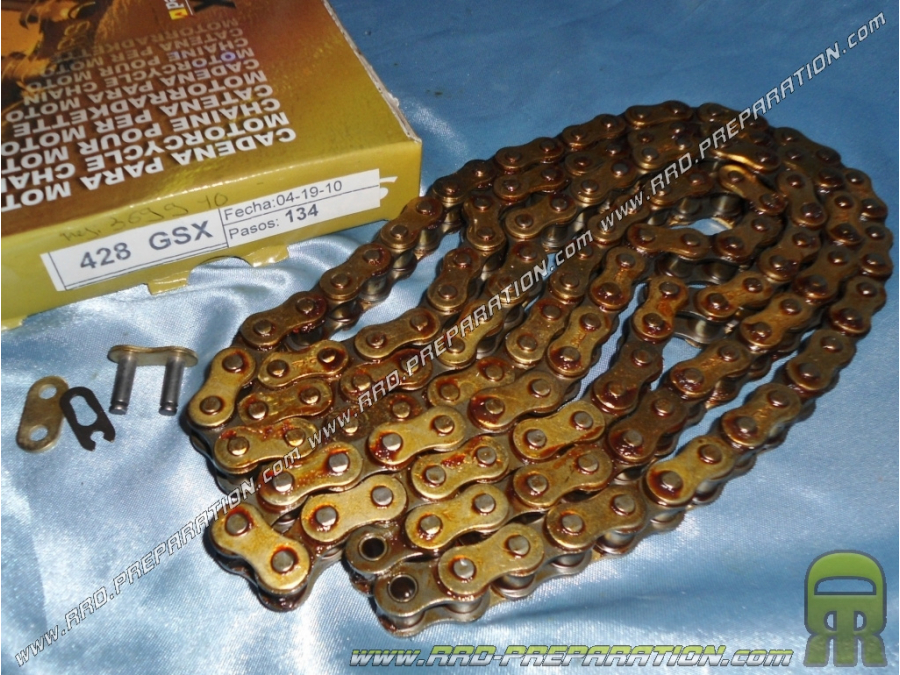 Cadena reforzada IRIS GSX Gold ancho 428 para moto, mécaboite 50cc, ... talla 134 eslabones