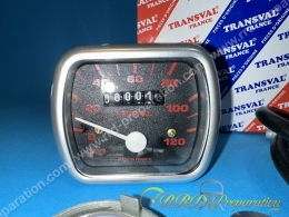 Compteur rectangle complet avec câble et entraîneur 120 km/h TRANSVAL pour cyclomoteur, mob Peugeot 103 MVL, VOGUE... 16 pouces