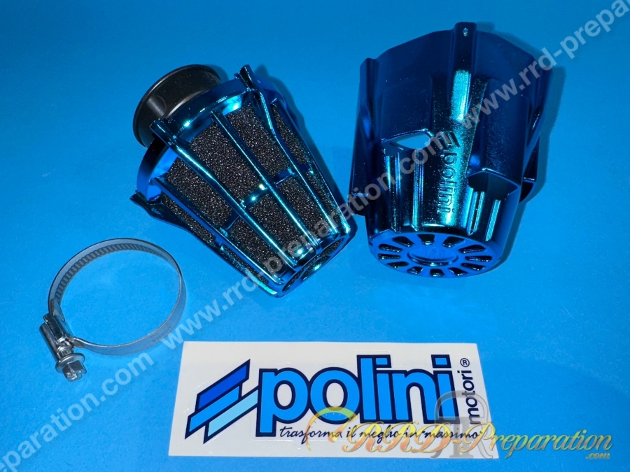 Filtre à air, cornet mousse POLINI NEW Mini anodisé bleu avec cache droit (Ø de fixation carburateur Ø32/37 et 46mm)