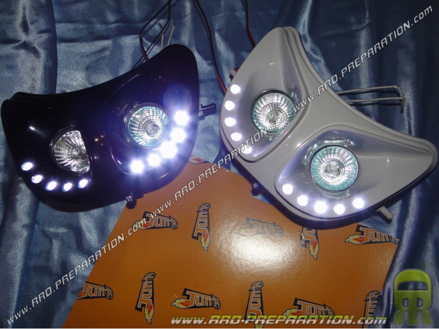 Óptica doble con luces diurnas led <span translate="no">TUN'R</span> blancas para moto 50cc DERBI SENDA Negra, cromada o blanca 