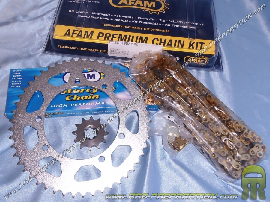 Kit chaine AFAM pour SUZUKI SMX de 2001 à 2003 et RMX de 1996 à 2003 avec pignon de 12 et couronne 50