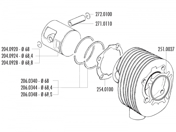 Photo ou image de la vue éclatée du kit polini 221cc pour piaggio vespa