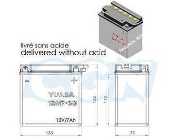 Batterie YUASA 12N7-3B 12v 7A (acide avec entretien) pour moto, mécaboite, scooters...