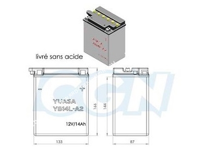 Batterie YUASA YB14L-B2 12v 7A (acide avec entretien) pour moto, mécaboite, scooters...