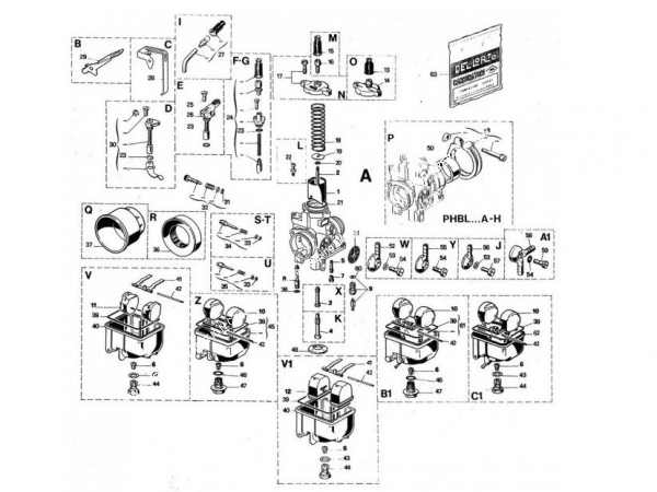 Photo des pièces de rechange sur le carburateur DELLORTO 24 as phbl