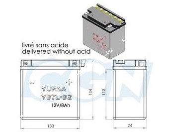 dimension Batterie YUASA YB7L-B2 12v (acide avec entretien) pour moto, mécaboite, scooters...