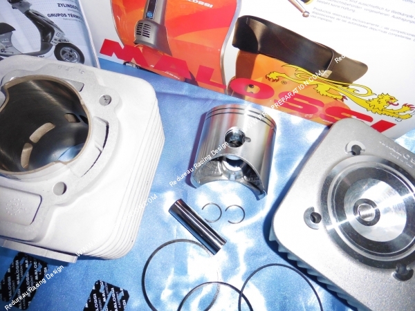 Photo du kit malossi 175cc avec ses diagrammes, piston, segments, et pack joint