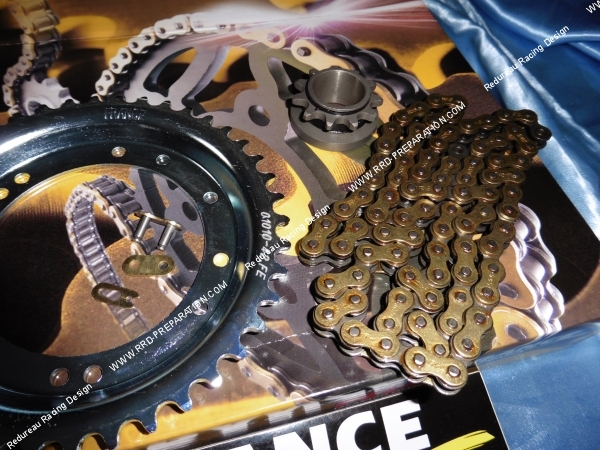 Photo du kit chaine pour mobylette cyclomoteur PEUGEOT 103 VOGUE S (sans variateur, jantes a bâtons) dentures aux choix