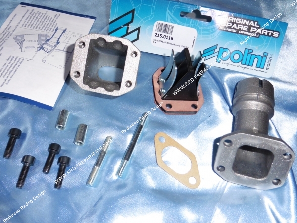 Photo du kit d'admission complet POLINI avec pipe et clapet 19 ou 21 CP ou origine sur VESPA 50 SPECIAL et 125 PRIMAVERA, ET3