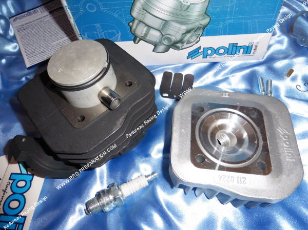 Photo du cylindre fonte, piston, culasse, joint sur le kit 70 POLINI fonte pour scooter PEUGEOT