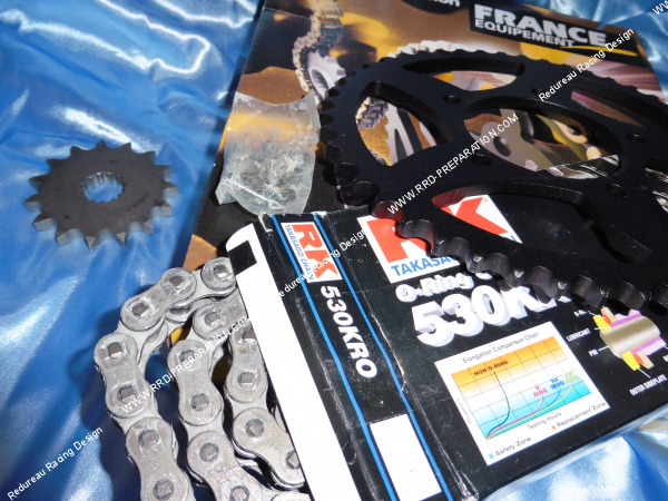 Photo du kit chaine FRANCE EQUIPEMENT renforcé pour moto SUZUKI 600 Bandit de 1995 à 1999 dentures aux choix