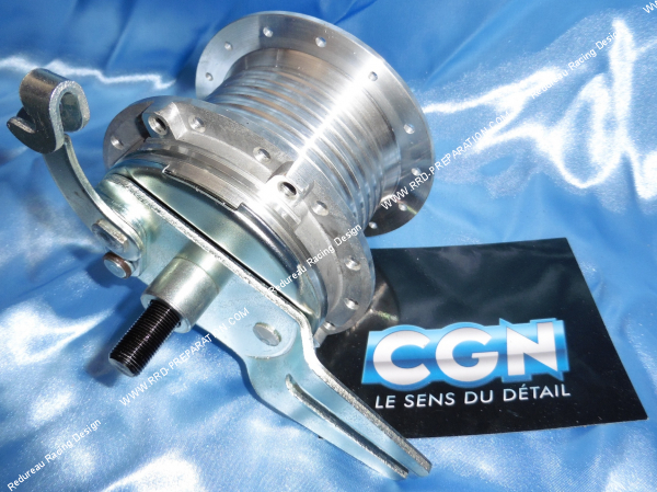 Photo du moyeu de roue arrière complet CGN pour PEUGEOT 103 Ø80mm 28 trous axe de 12mm (jante LEULEU)