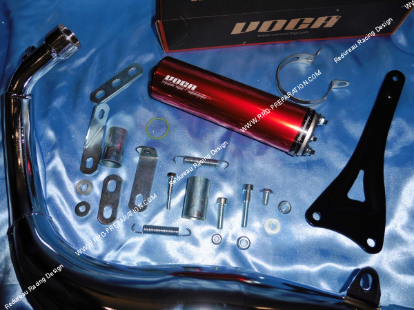 Photo du corps d'échappement et de la cartouche de silencieux VOCA CHROMED passage bas pour mécaboite moteur minarelli am6