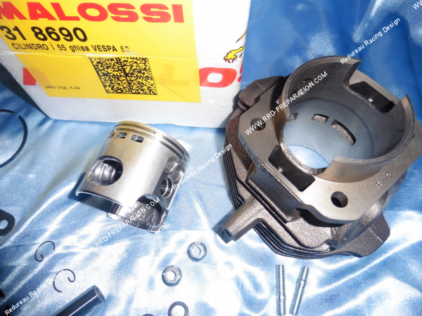 Photo des transferts du cylindre Ø55mm 100cc MALOSSI fonte 6 transferts pour scooter VESPA 50cc 2T PK, HP, XL, PIAGGIO APE