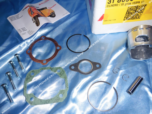 Photo des joints de rechange sur le kit haut moteur Ø55mm 100cc MALOSSI fonte 6 transferts pour scooter VESPA 50cc 2T PK, HP, XL, PIAGGIO APE