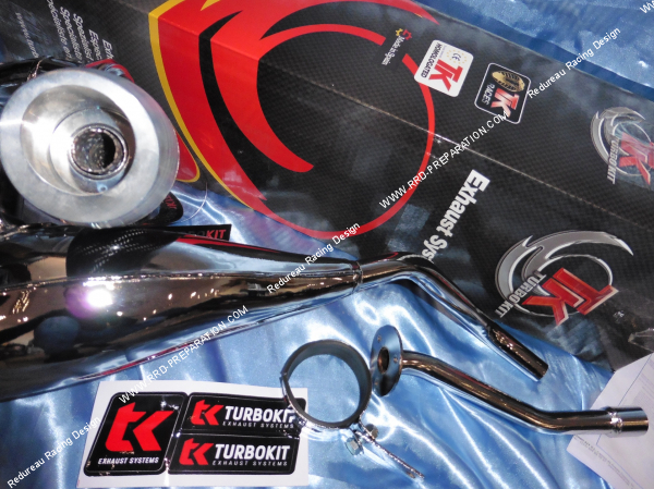 Photo de la sortie de silencieux sur le pot d'échappement TURBOKIT TK Chrome Racing Carbone passage haut pour DERBI BULTACO LOBISTO, ASTRO 50