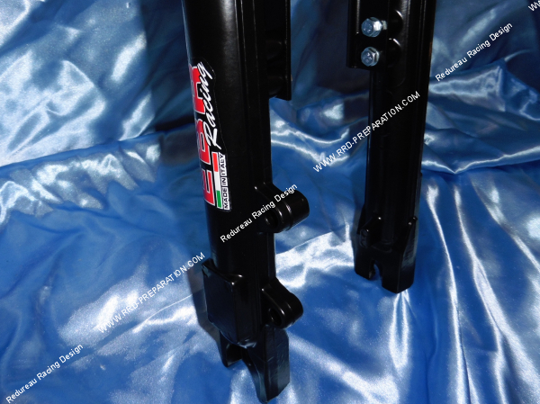 Photo des tubes de fourche EBR RACING COMPETITION hydraulique noire en aluminium réglable pour PUCH MAXI, PEUGEOT 103 et MBK 51