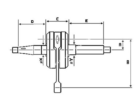 Photo des côtes et mesures du vilebrequin, vilo, embiellage RITO course longue 44mm (soies de Ø17mm) pour mécaboite moteur minarelli P6R