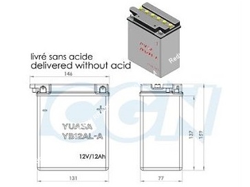 schéma Batterie YUASA YB12AL-A 12v (acide avec entretien) pour moto, mécaboite, scooters...
