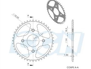 schéma Couronne 44, 46, 47 ou 48 dents en 420 pour MBK X-POWER et YAMAHA TZR 50cc 2000 à 2003