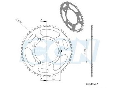 schéma Couronne 48 ou 52 dents en 420 pour PEUGEOT XP6, XPS... 50cc