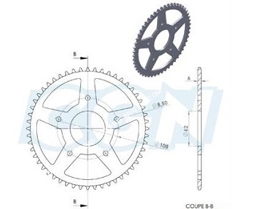 schéma Couronne 48 ou 52 dents en 420 pour PEUGEOT XR7, NK7, XP7, SM, XPS 2005 à 2008, MALAGUTI XSM et RIEJU RRX SPIKE, SMX...