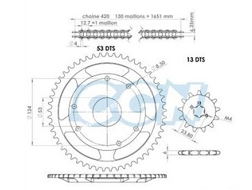 schéma taille montage Kit chaîne AFAM 420  13X53 DERBI SENDA RACER 1999 a 2003