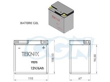 vue Batterie hautes performances TEKNIX YTZ7-S 12v 6A (gel sans entretien) pour moto, mécaboite, scooters...