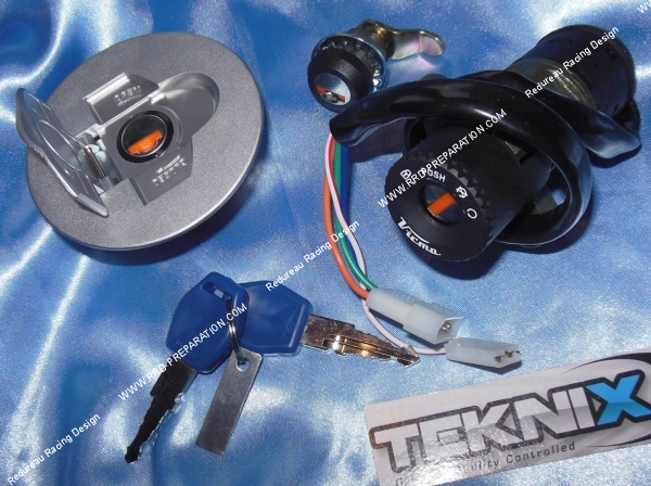 vue Contacteur  serrure coffre  bouchon réservoir avec 2 clé TEKNIX mécaboite RIEJU RS2 Matrix, Naked  PEUGEOT NK7, XR7, XR6...