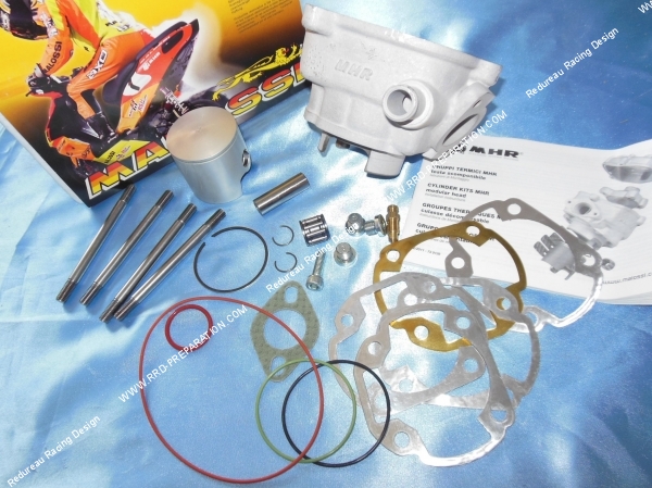vue Cylindre  piston 70cc Ø47mm sans culasse MALOSSI MHR TEAM aluminium (axe 12mm) minarelli horizontal liquide (nitro, aerox, ...)
