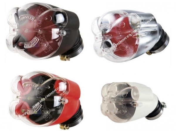 vue Filtre à air, cornet mousse DOPPLER TUNING (Ø de fixation carburateur Ø28mm à 35mm) blanc, bleu, chromé, noir, rouge
