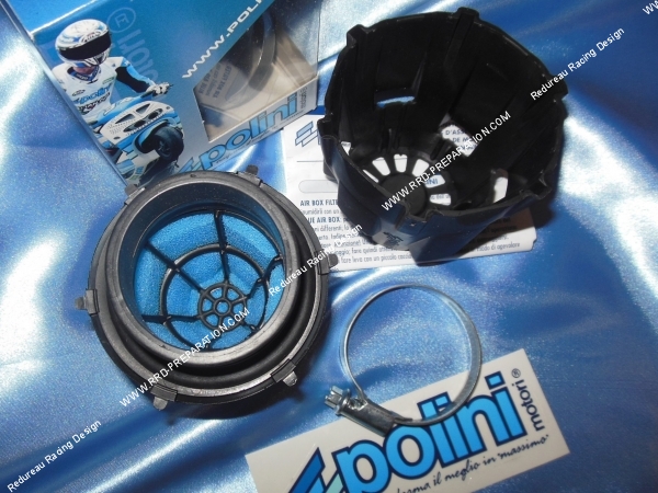 vue Filtre à air, cornet mousse POLINI NEW noir avec cache droit (Ø de fixation carburateur Ø3237 et 46mm)